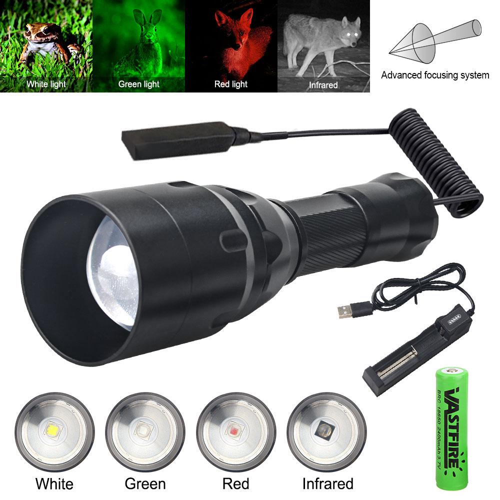White/XPE Green/Red/IR Flashlight Led Tactical Night Hunting Flashlight Torch Weapon Gun Light+Remote Switch+18650+USB Charger
