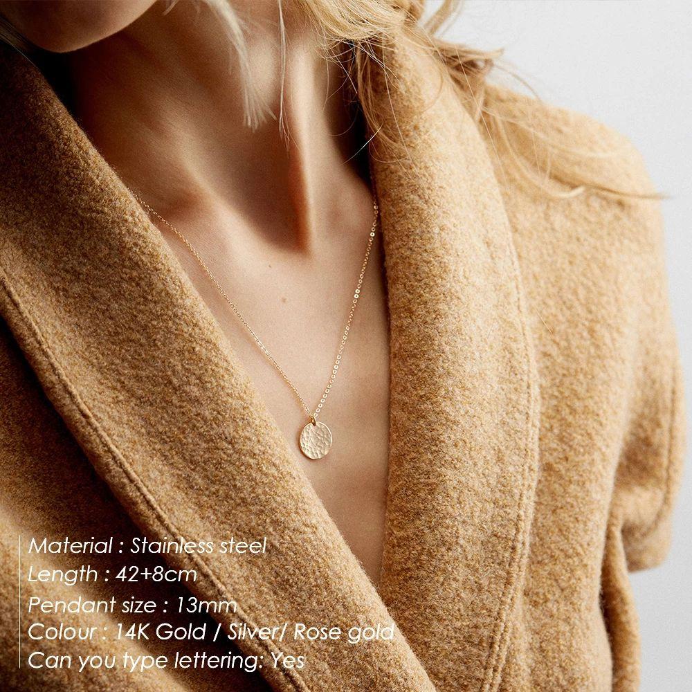 SUNIBI Minimalist Stainless Steel Pendant Necklace for Women Girls Gold Color Hammered Disc Dainty Necklaces Jewelry