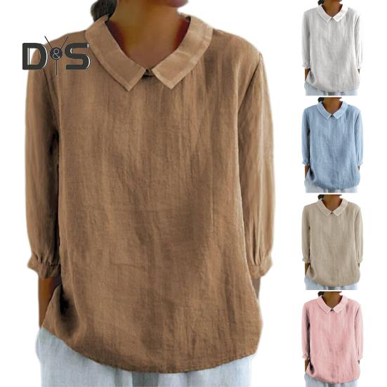 Женская рубашка с кукольным воротником, пуловеры с рукавами 3/4, однотонные свободные тонкие рубашки, топы, повседневная повседневная одежда