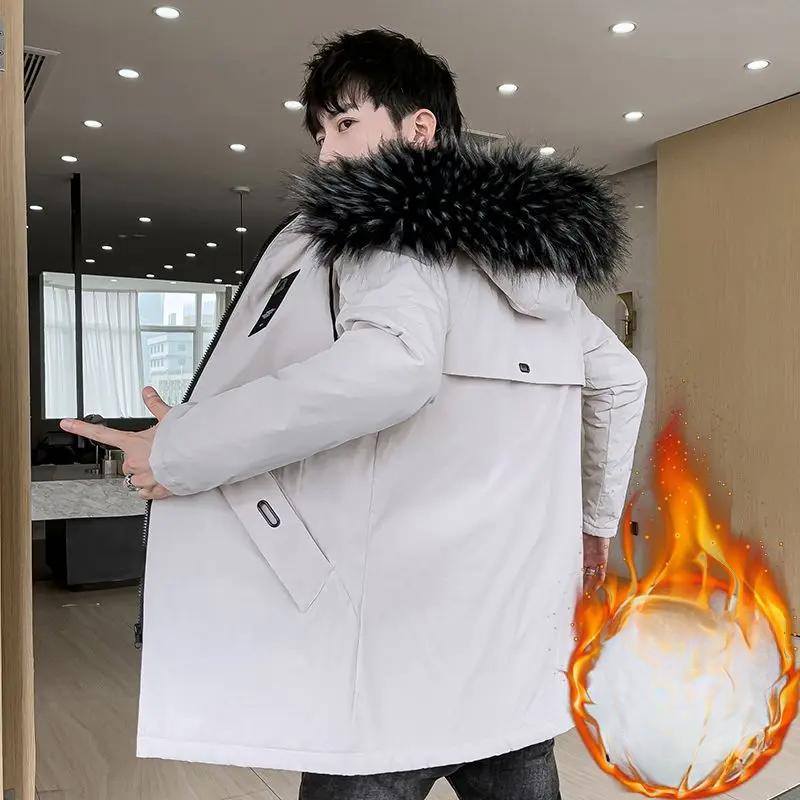 Зимняя куртка с хлопковой подкладкой, мужская куртка средней длины с капюшоном, хлопковая подкладка плюс утолщение из бархата