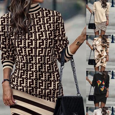 Повседневная мода женское повседневное короткое платье с высоким воротником и длинными рукавами асимметричное мини-платье с принтом осенне-зимний халат Femme