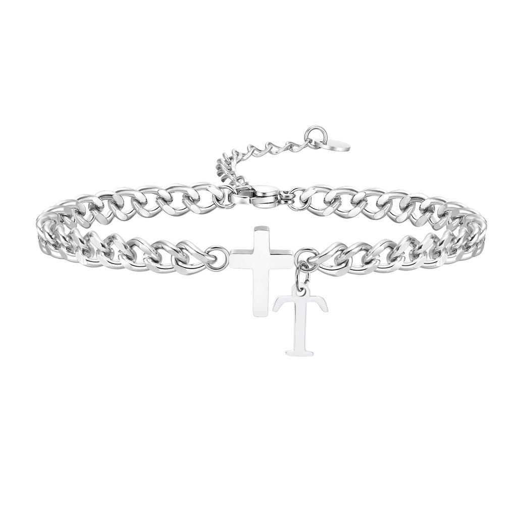 A-Z Initial Cuban Chain Bracelets for Men, Silver Color Stainless Steel Cross Charm Bracelet, Letter Alphabet Fashion Jewelry