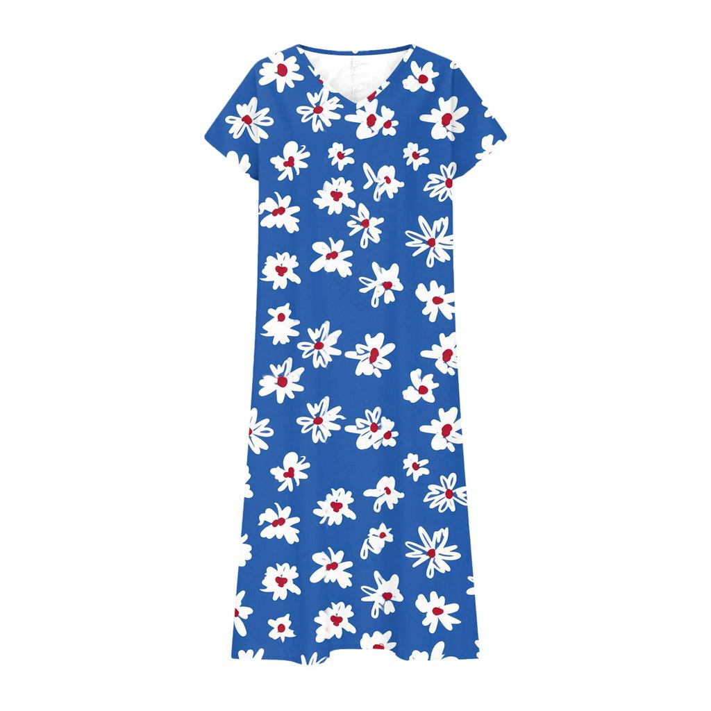 Fashion Women's Summer V-Neck Short Sleeve Floral Print Beach Dress