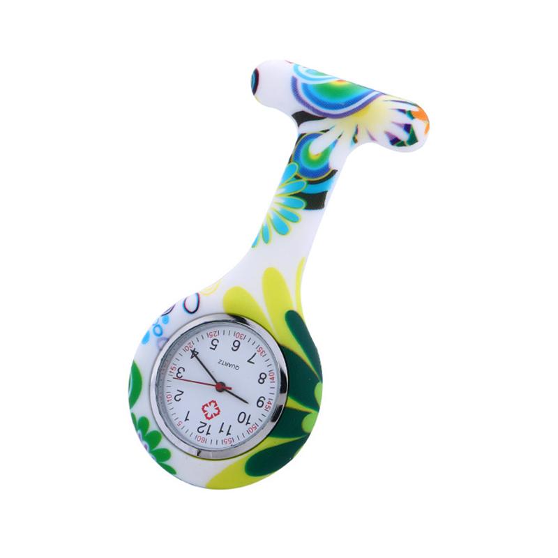 Часы-клипса с круглым силиконовым ремешком-брошью для медсестры унисекс с цветочным принтом на лацкане
