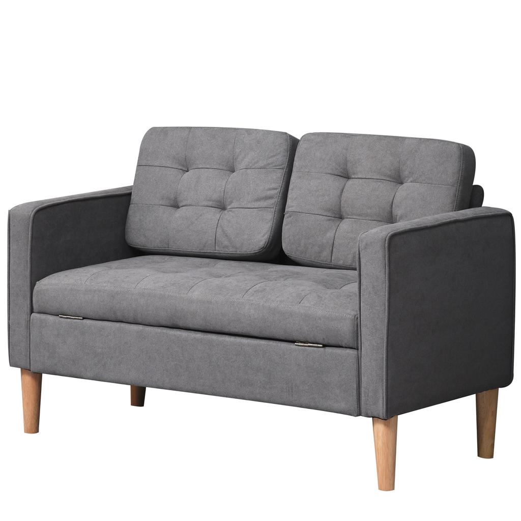2-Seater Sofa, Couch with Storage, Wooden Legs, Padded Upholstered Sofa with Velvet Look for Living Room, Bedroom, 117 x 62 x 78 cm, Gray