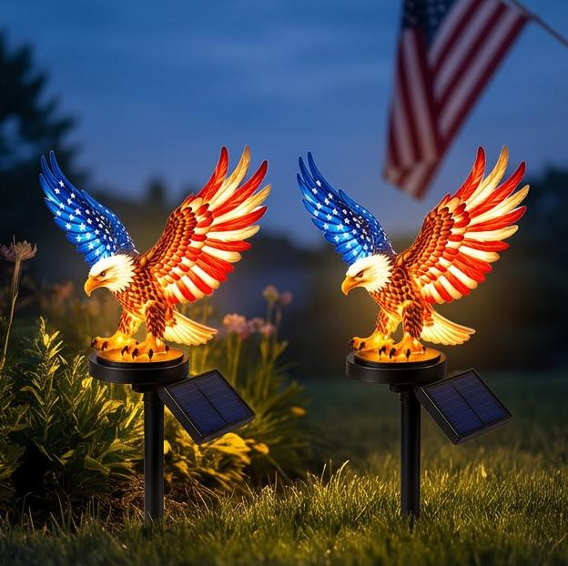 Solar Eagle Garden Stake Light: Resin Bald Eagle with American Flag Wings Warm LED Solar Powered 45 cm Outdoor Lawn Patio Decor Memorial Day Gift