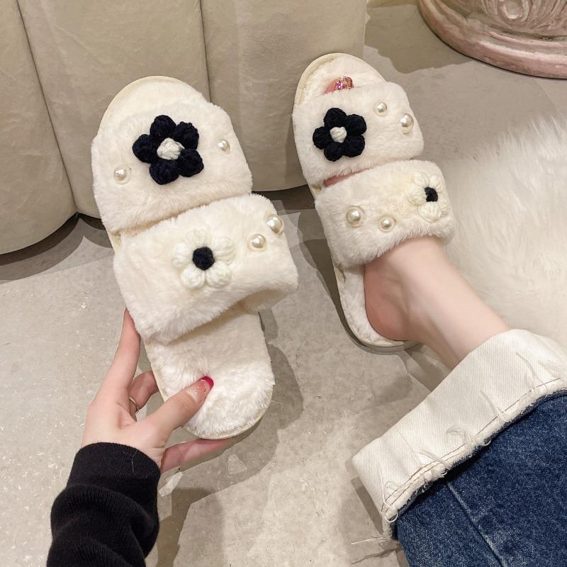 Мода 2024 Зима Новые женские домашние однотонные цветочные жемчужные пушистые хлопковые тапочки