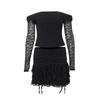 American Style Sexy Mesh Patchwork off-Shoulder Long Sleeves Tops Female Autumn + Black Low Waist Sexy Cake Dress Suit