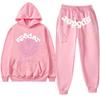 Couple Spider Web Letter Print Hooded Sweatshirt Fleece Track Pants Set Streetwear Teens