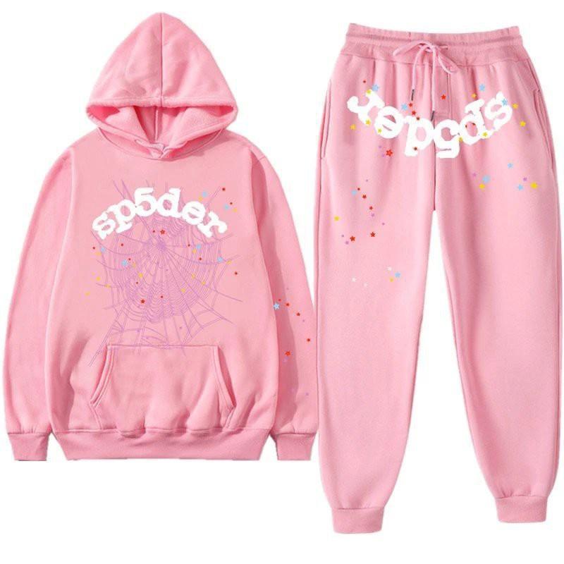 Couple Spider Web Letter Print Hooded Sweatshirt Fleece Track Pants Set Streetwear Teens