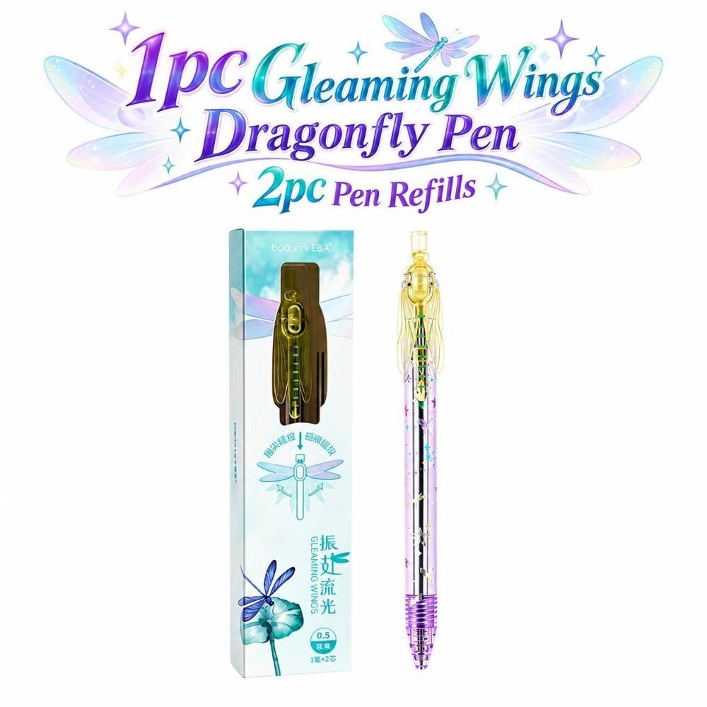 0.5mm Gleaming Wings Dragonfly Pen with Two Pen Refills Black Ink Pens Stationery Supplies