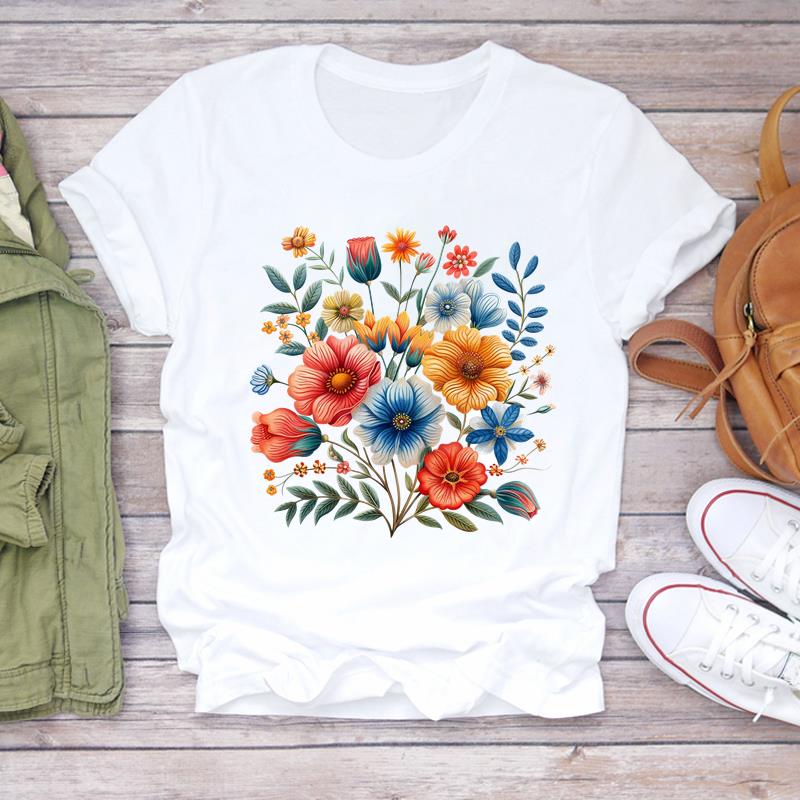 (Азиатский размер) Повседневные футболки с милым цветком в стиле 90-х, женская одежда, футболка с коротким рукавом, модные женские футболки с графическим принтом