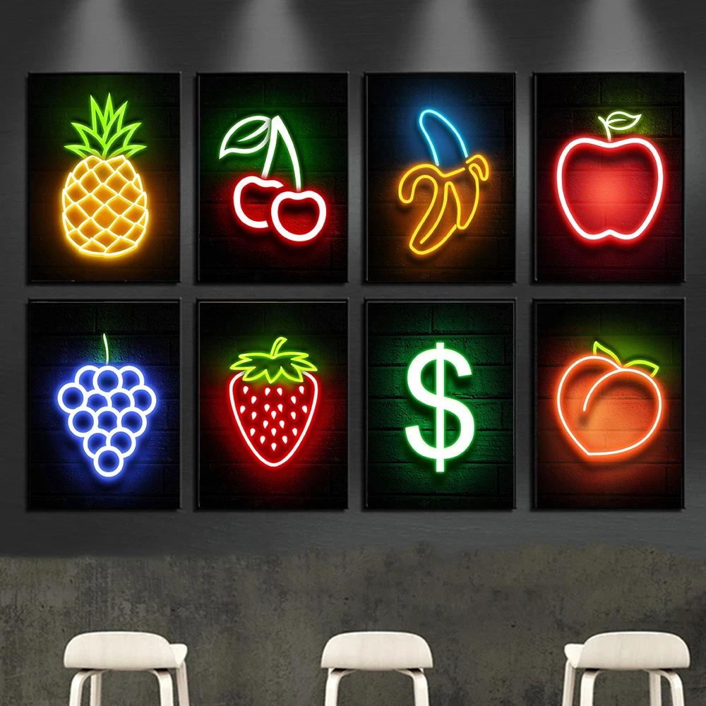 Cool Neon Signs Money Symbol Fruits Flamingo Canvas Posters Prints Wall Art for Home Decor Shop Decoration Vibrant and Trendy W