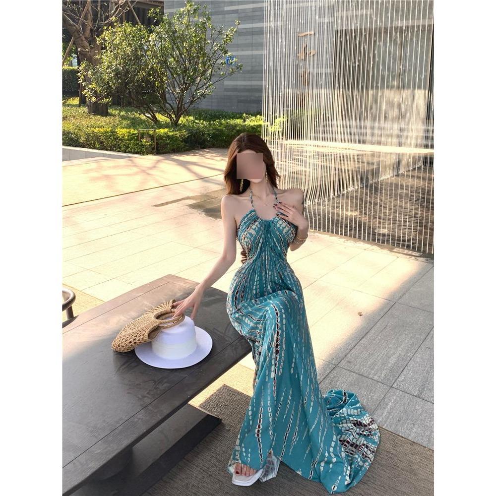 French Island Vacation Style Neck Halter Suspender Dress Women's Summer Super Fairy Big Skirt Pure Desire Versatile Long Skirt