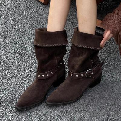 Версия из овчины~ 2025 новые ретро сапоги-казаки на толстом каблуке, сапоги со средней шириной голенища, замшевые сапоги для верховой езды с острым носком и ремешком с пряжкой