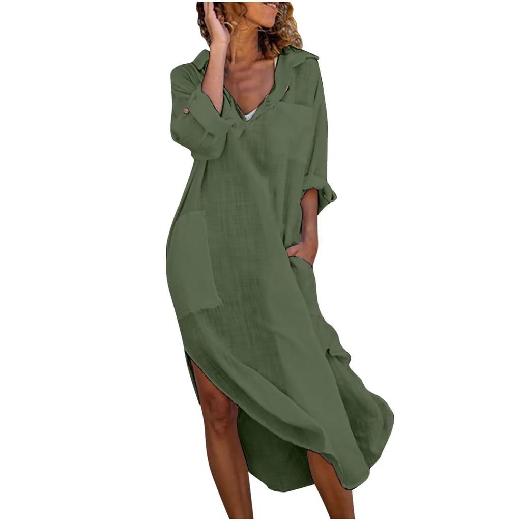 Solid Color Slit Loose Breathable Casual Long-sleeved Shirt Mid-length Dress