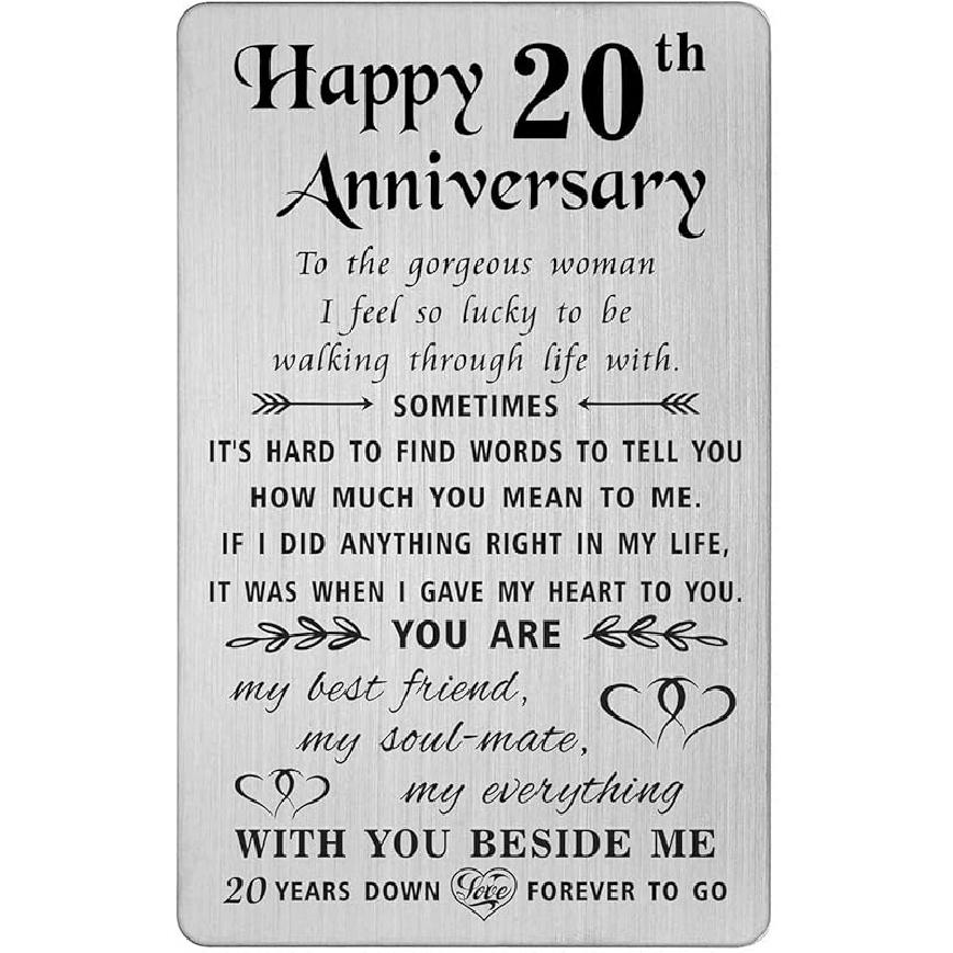 TANWIH Happy 20th Wedding Anniversary Card Gifts for Him Husband, 20 Year Anniversary Cards Gift for Men, Engraved Metal Wallet Insert