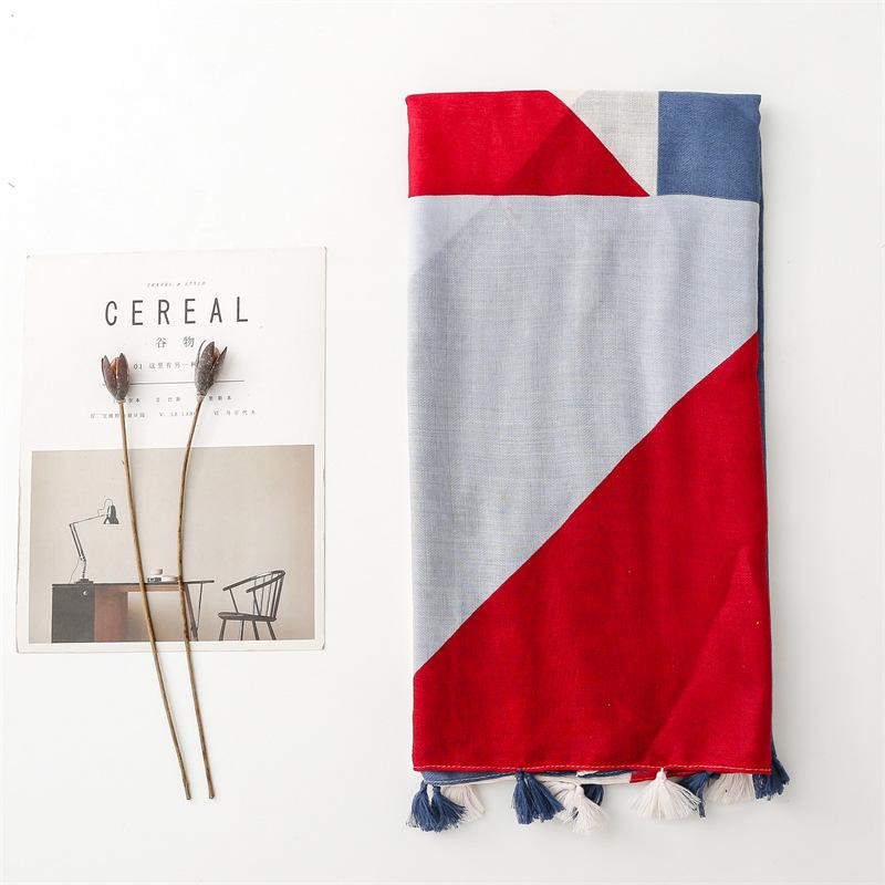And Cotton Bali Feel Linen Yarn Thin Design Red And Blue Contrasting Colors Geometric Fashion Fresh Travel Sun Protection Shawl For Women