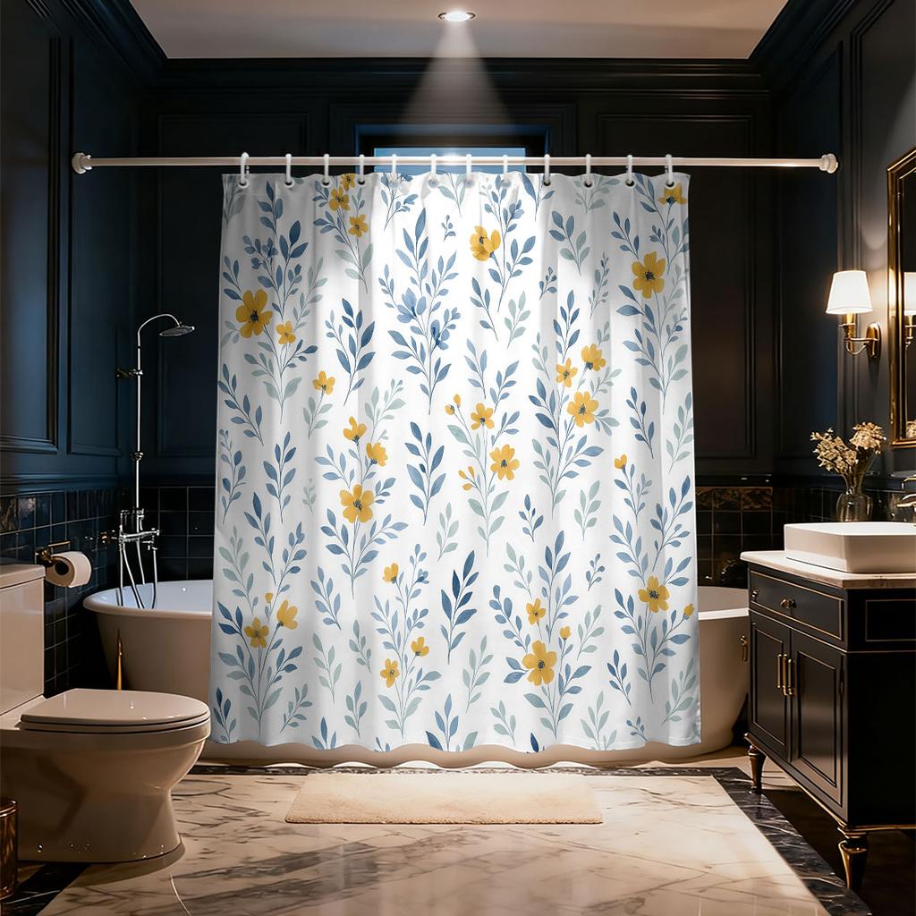 1PC Watercolor Fresh Blue & Yellow Floral Shower Curtain Waterproof Privacy Partition Curtain