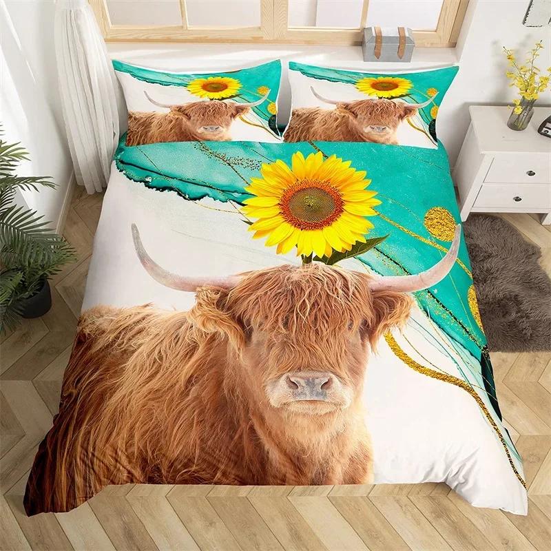 Пододеяльник Хайлендский скот Бык Подсолнух Корова Постельное белье Королева Для мальчиков Мужчин Микрофибра Дикая природа Фермерский дом Животное Покрывало