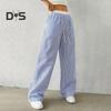 Женские брюки, повседневные брюки с широкими штанинами, эластичный пояс, регулируемый шнурок, полосатый дизайн, длинные брюки, повседневная одежда