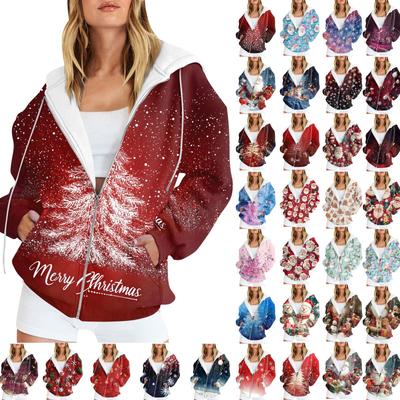 Женская мода повседневная рождественская принтовая толстовка зимняя с длинным рукавом кардиган куртка с карманом на молнии толстовка с капюшоном куртка