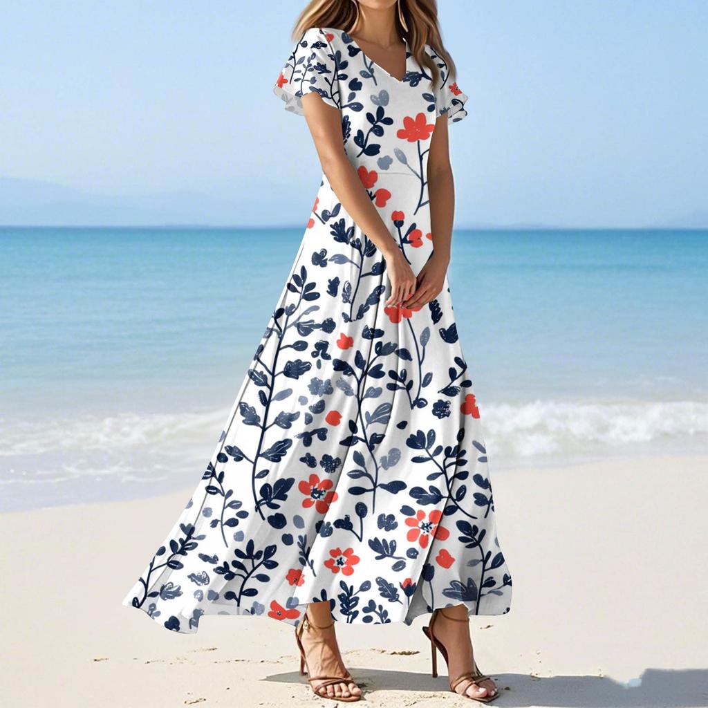 Женские летние повседневные модные платья с принтом и короткими рукавами и V-образным вырезом