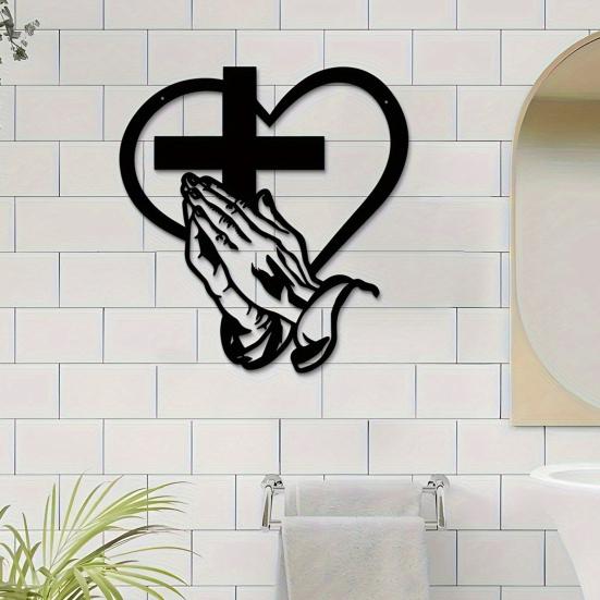Praying Hands Wall Sign Christian Heart Metal Wall Art Sign Black Finish Religious Decorative