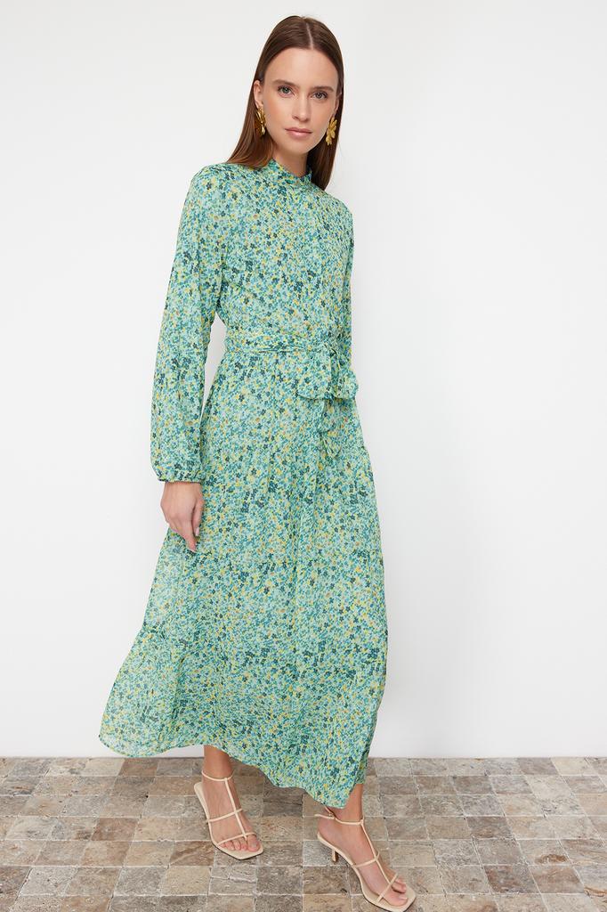 Женское платье-хиджаб, новый сезон, модное изумрудно-зеленое шифоновое тканое платье с поясом и высоким воротником на подкладке