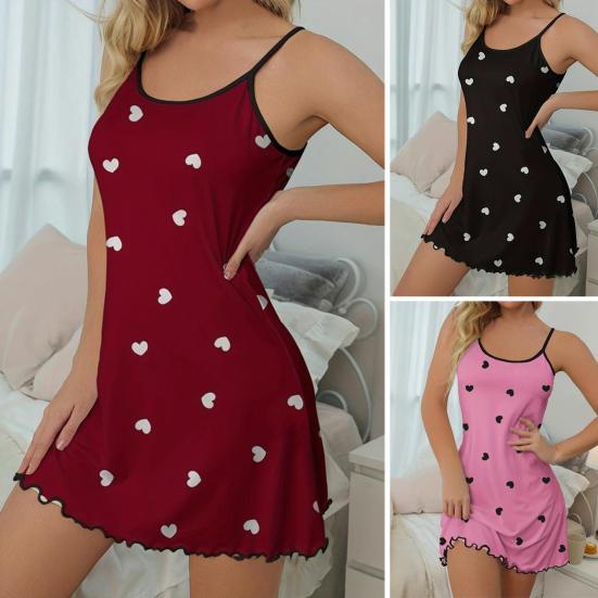 Women Summer Nightgown Heart Printing Shirring Edge Sleeveless Backless Spaghetti Strap A-line Mini Sleepwear Dress Thin Above The Knee Nightdress