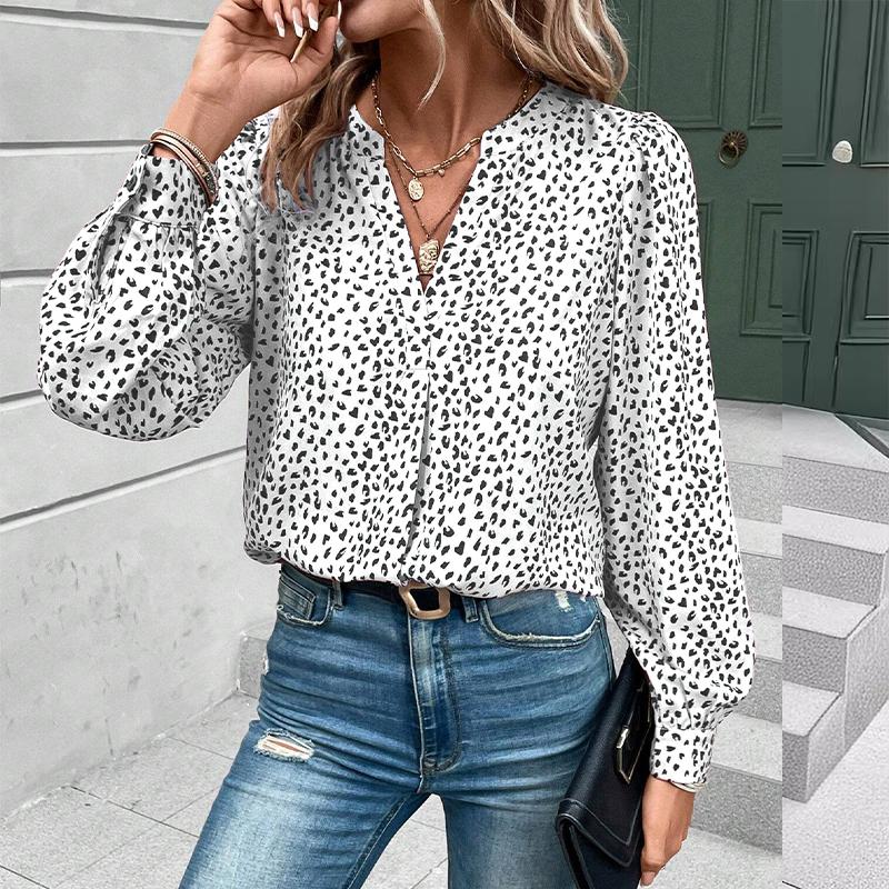 Women's V-neck Top Pullover Leopard Print Shirt Long Sleeves