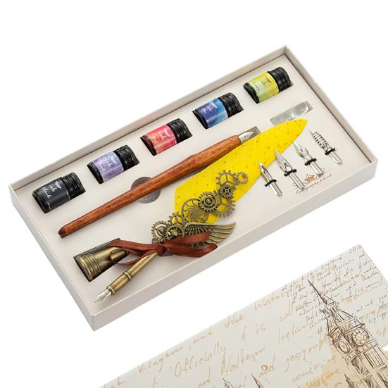 1 Set Useful Gear Decoration Exquisite Fadeless Comfortable Grip Feather Pen Kit for Office Quill