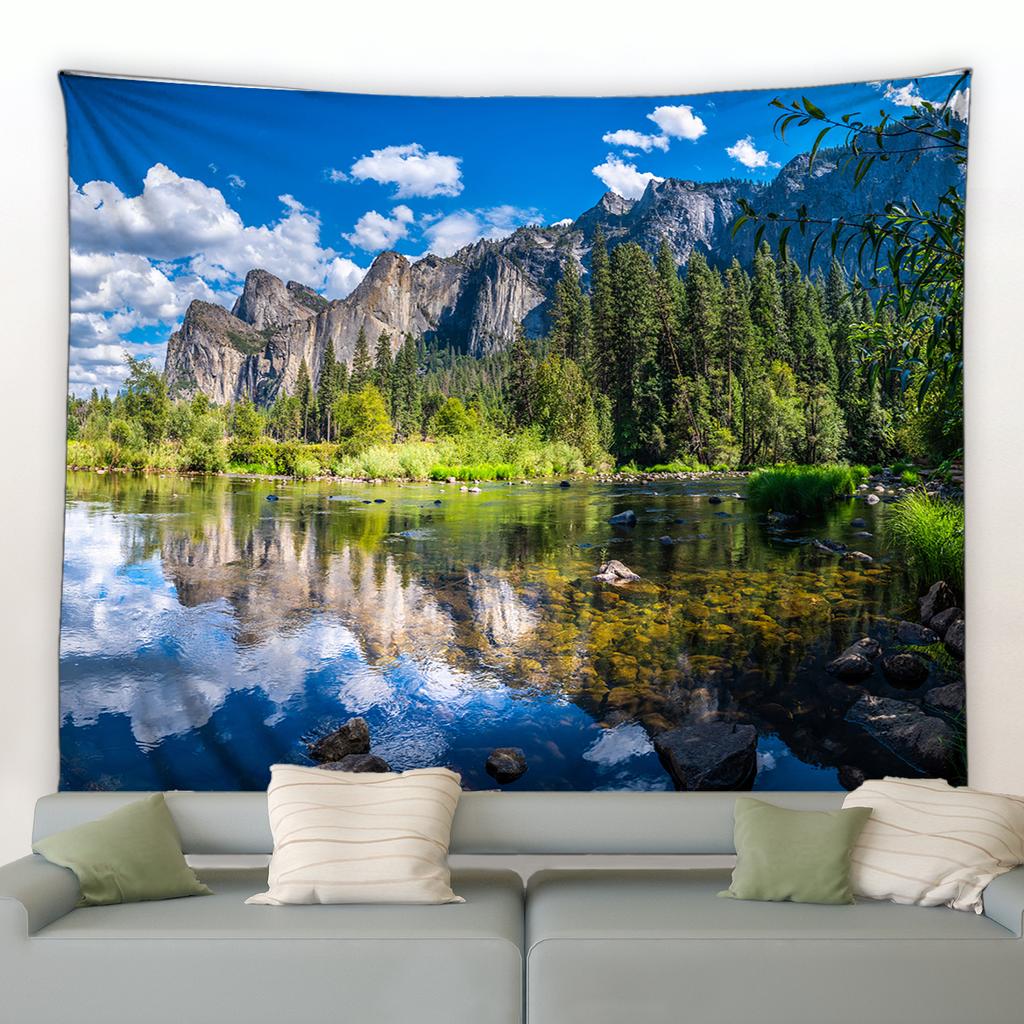 Tropical Jungle Green Leaf Landscape Tapestry Natural Mountain River Plant Tree Wall Hanging Picnic Mat Room Home Decoration