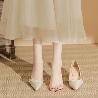 Туфли на высоком каблуке женские весна 2024 новые французские нежные темпераментные остроносые толстые высокие каблуки одинарные туфли женские неглубокие свадебные туфли