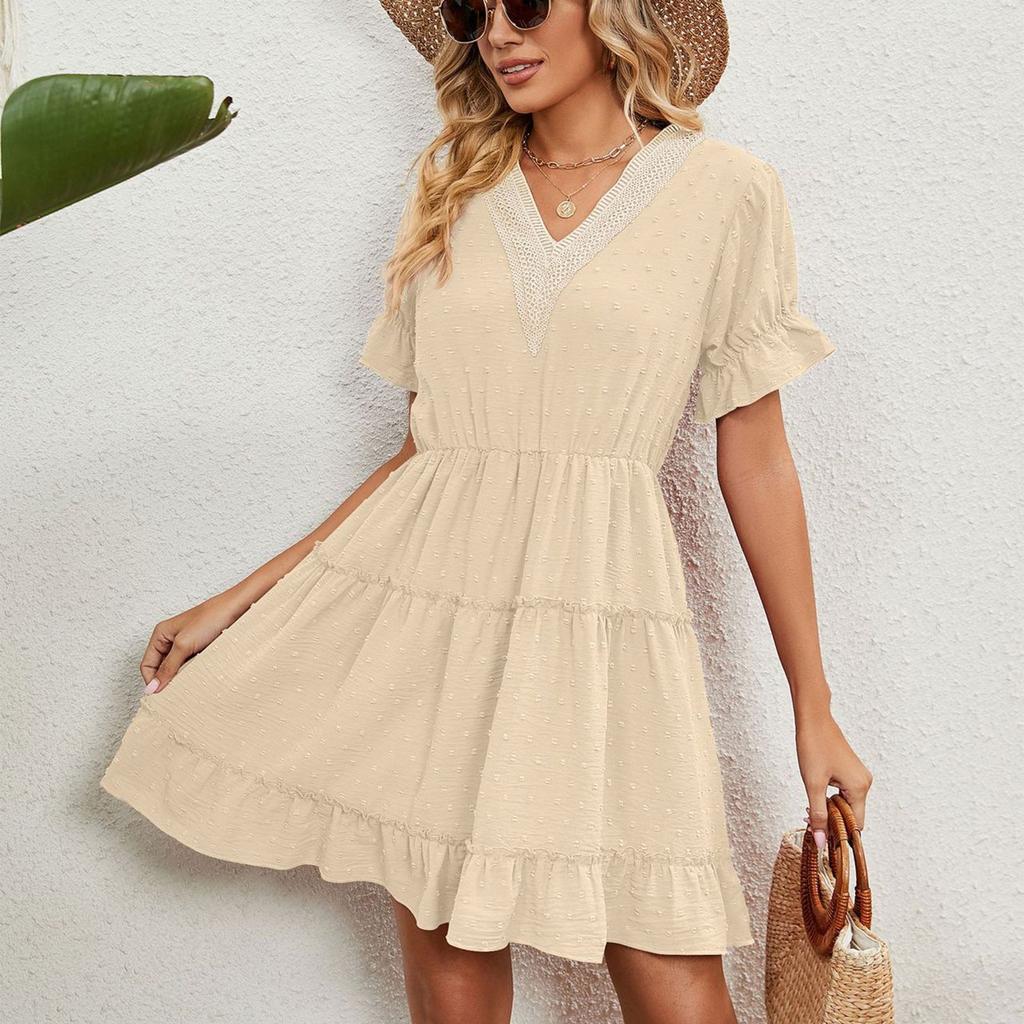 Женское платье-торт с V-образным вырезом и коротким рукавом, кружевное, пэчворк, повседневное платье, платье для поездок на работу