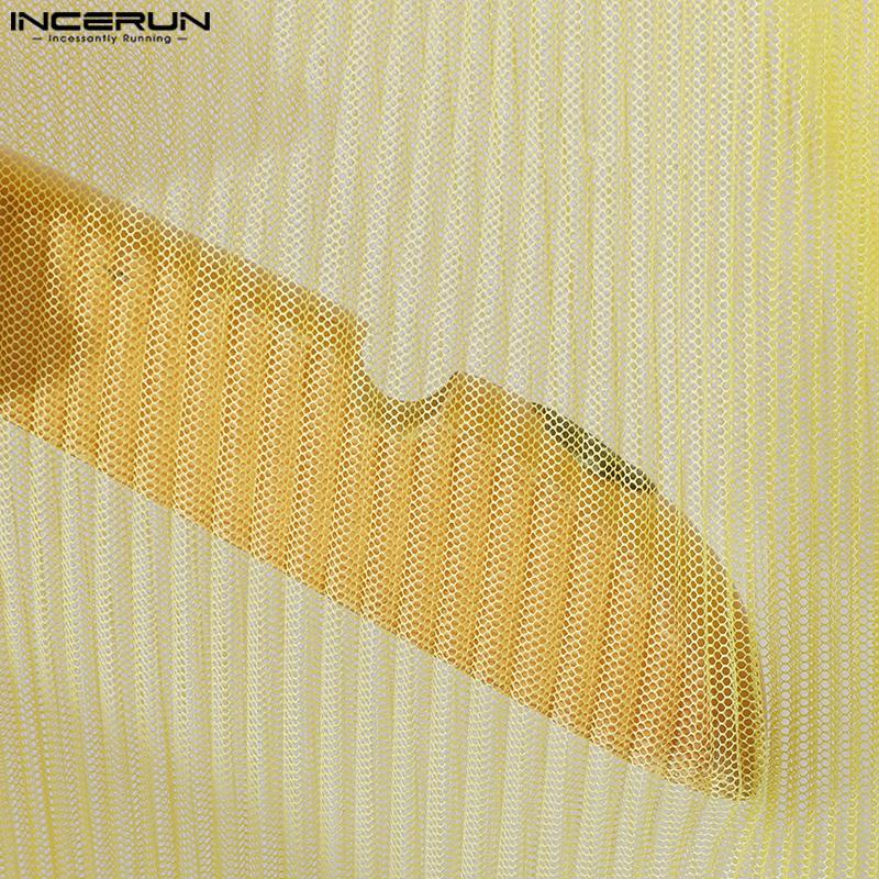 INCERUN Мужские рубашки с глубоким V-образным вырезом и длинным рукавом, оборками и сетчатыми вставками, прозрачные топы