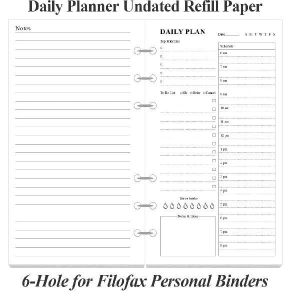 Ежедневник A6 без дат - Список дел для ежедневников Filofax Personal, 80 листов/160 страниц, Планер и линованная вставка, 6-отверстная, 3,75" x