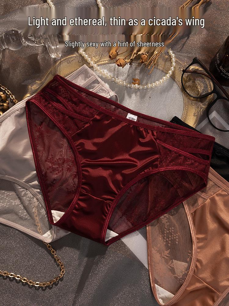 Elegant Lace Mesh Mid-Waist Satin Briefs for Women