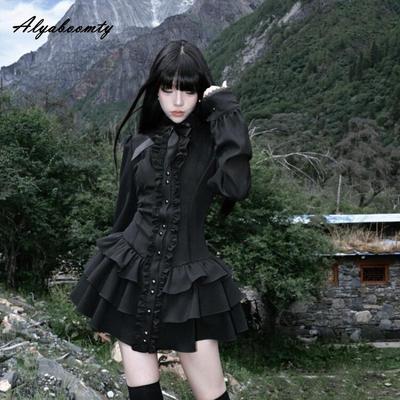 Японский стиль Лолита Женские черные мини-платья Готический кружевной воротник с оборками Бант Приталенное платье Y2K Харадзюку Хэллоуин Многослойные оборки Костюм для косплея