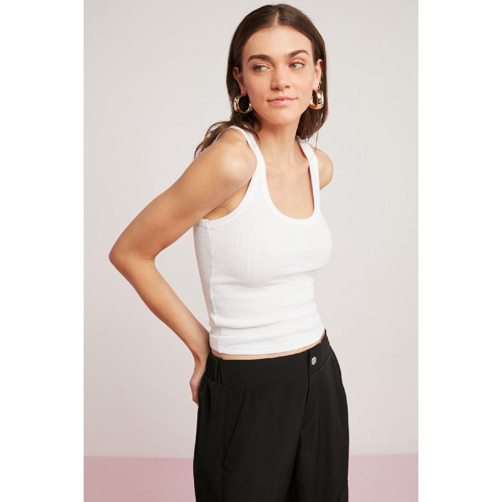 Lllesol Женская базовая белая майка в рубчик на толстых бретелях