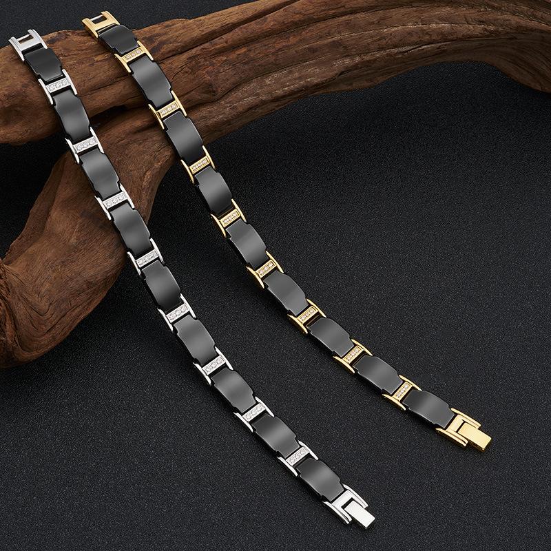 Браслет-цепочка крест из нержавеющей стали 10 мм в панк-золотом цвете для мужчин и женщин, черная керамика, оздоровительный, магнитный, с цирконом, ювелирное изделие
