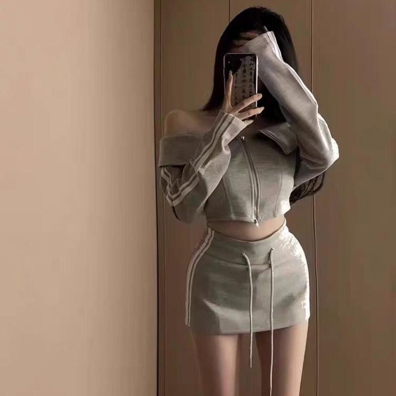 Чистый цвет, комплект из 2 предметов, женские сексуальные облегающие толстовки с длинными рукавами, топы + повседневная спортивная мини-юбка с высокой талией, осень 2023 г.