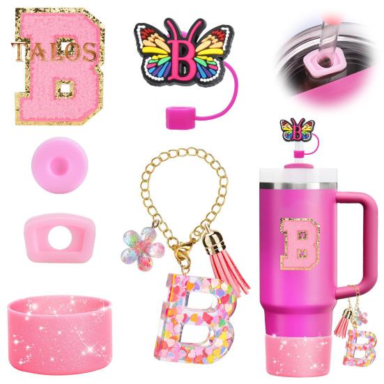 Набор из 6 аксессуаров для стакана, наклейки с буквами, бабочка, соломенная крышка, чехол для чашки, многоразовые, легко моющиеся декоративные аксессуары для стакана Stanley