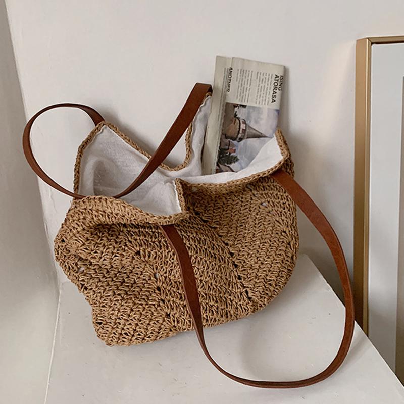Summer Straw Bucket Shoulder Bag Women Large Capacity Beach Bags Vacation Rattan Tote Bag