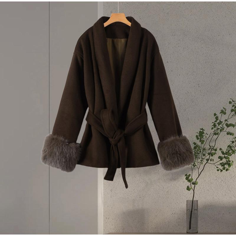 Шерстяное пальто с лацканами, завязывающееся на пояс, Женская теплая удобная толстая куртка-кардиган, Повседневное ретро-элегантность, Осень/Зима 2025