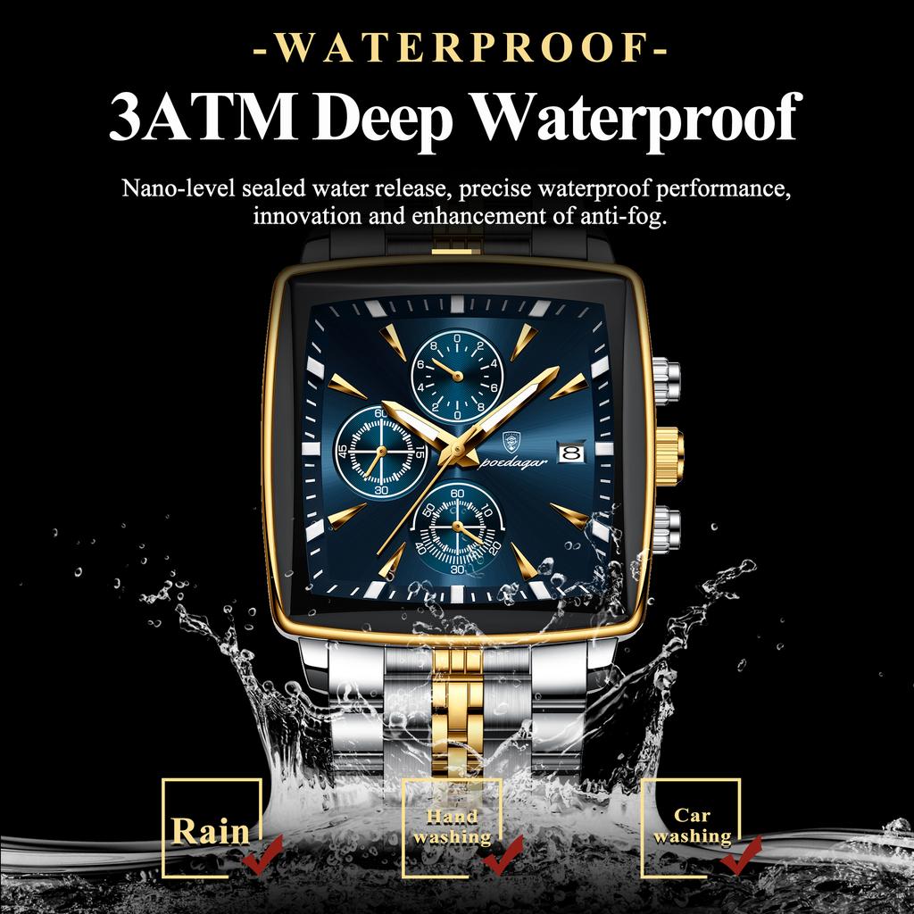 POEDAGAR Luxury Business Man Wristwatch Chronograph Waterproof Luminous Calendar Watch For Men Square Quartz Men's Watches