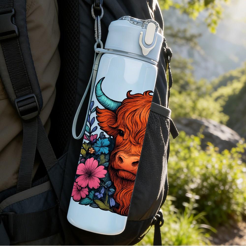 1PC Buffalo Bull Flower Portrait 750ml Color Plastic Sports Water Bottle Leakproof Flip Straw Lid Suitable for Sports Office Home Use