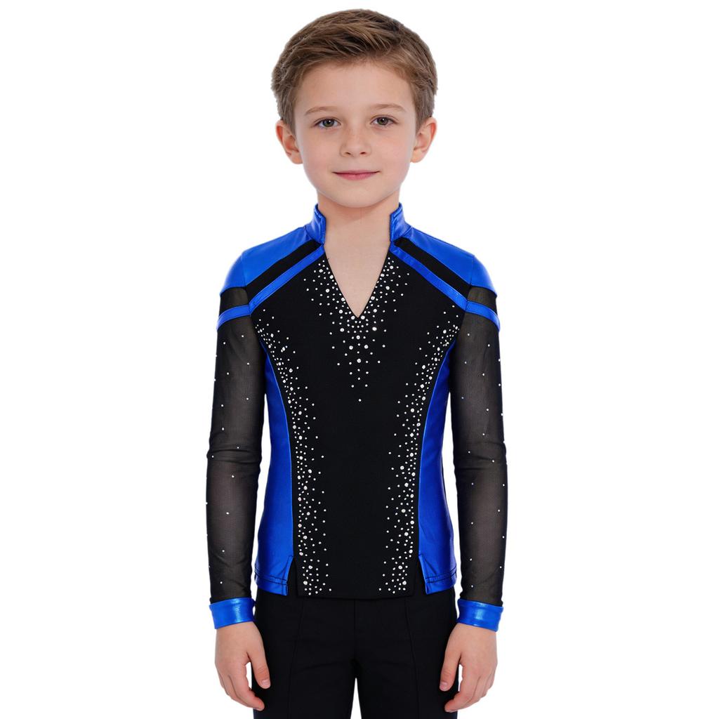 Boys Skating Performance Top: V-Neck Long Sleeve Rhinestone Color Block with Split Hem for Competition Costume