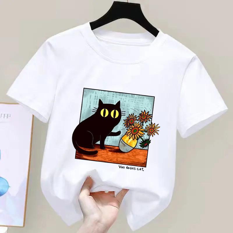Van Gogh Cat Graphic T Shirts Boysgirls Flower Black Cat Tshirt Round Neck Short Sleeve Trendy Tee Kawaii Kids Clothing
