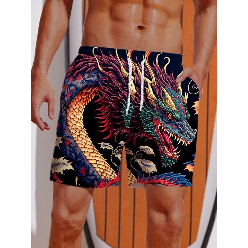 Летние 3D-печатные шорты с принтом Укиё-э «Свирепый дракон» для мужчин, Board shorts, Плавки, На шнурке, Дышащие, Короткие